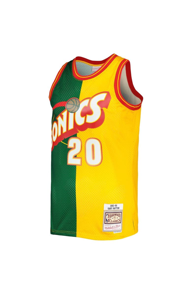 Mitchell & Ness Men's Mitchell & Ness Gary Payton Green/Gold Seattle SuperSonics Hardwood Classics 1995/96 Split Swingman Jersey, Alternate, color, Green