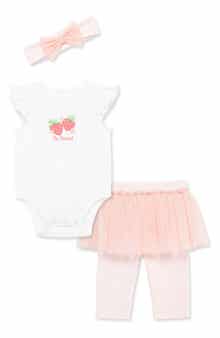 Little Me Strawberry Bodysuit, Skirted Leggings & Headband Set