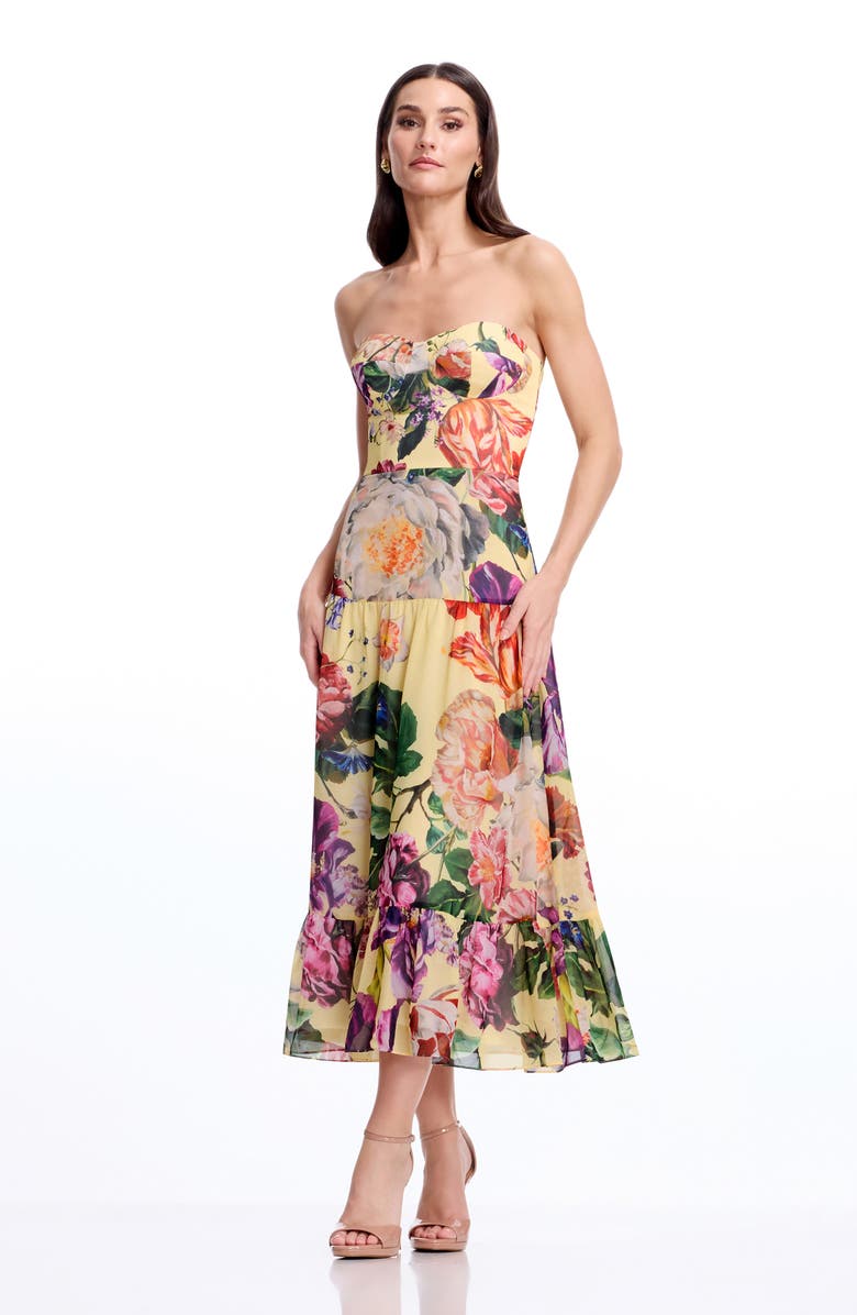 Dress the Population Prescott Floral Strapless Cocktail Midi Dress, Alternate, color, Golden Floral Multi