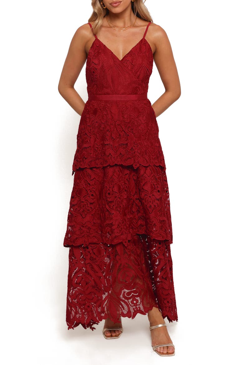 Elijah Lace Tulle Tiered Maxi Dress, Main, color, RED
