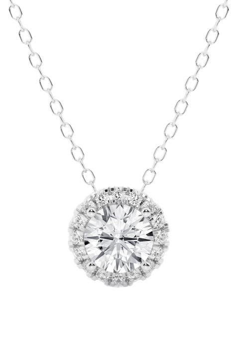 14K Gold Round Cut Lab-Created Diamond Halo Pendant Necklace - 2.0ct