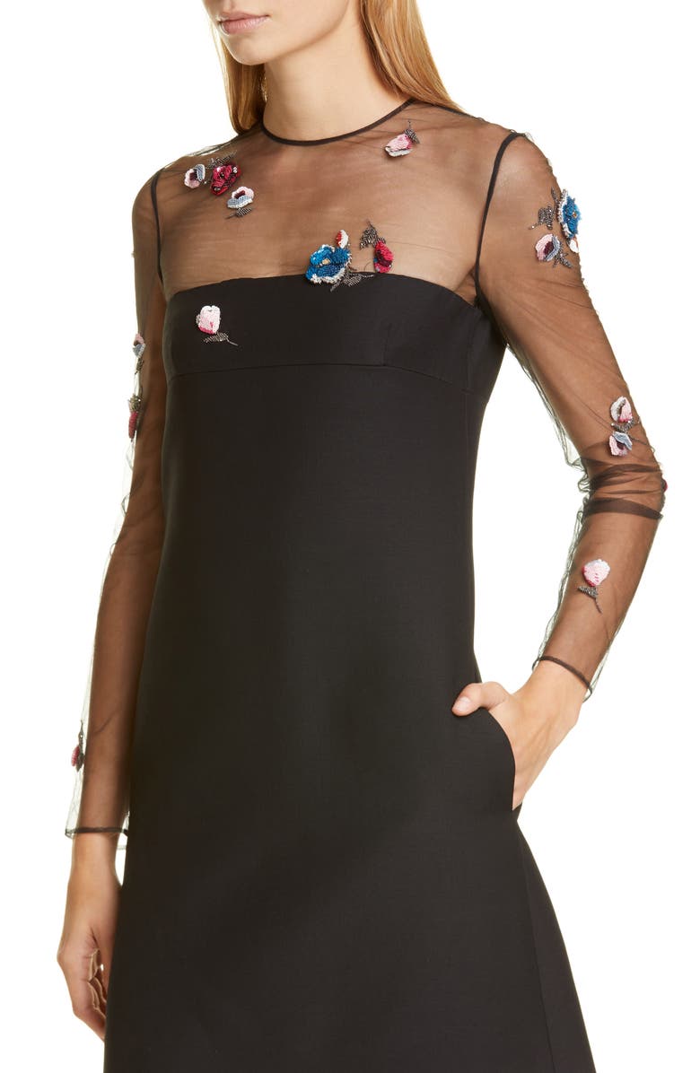 Valentino Embellished Mesh Long Sleeve Wool & Silk Dress, Alternate, color, 