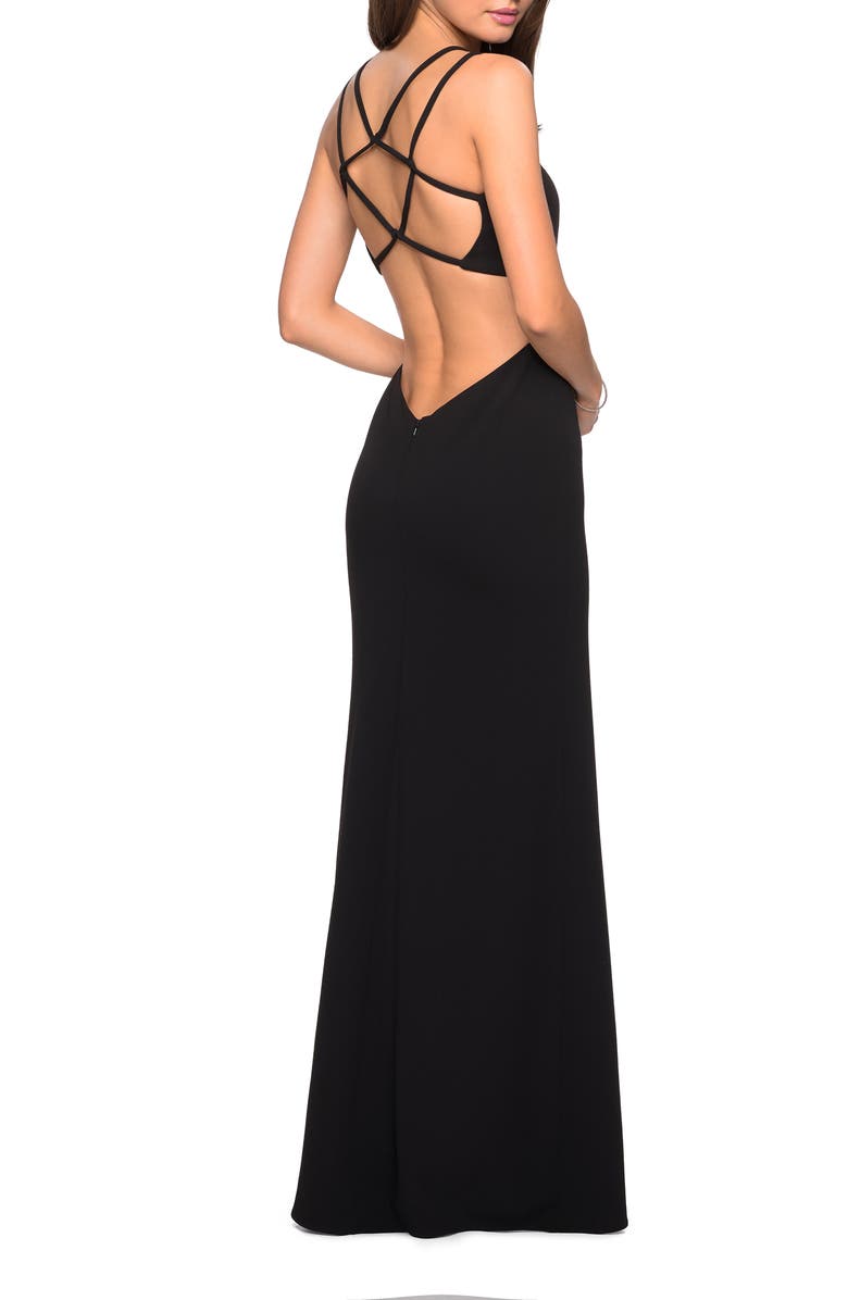 La Femme Asymmetrical Jersey Prom Dress with Cut Outs, Alternate, color, Black