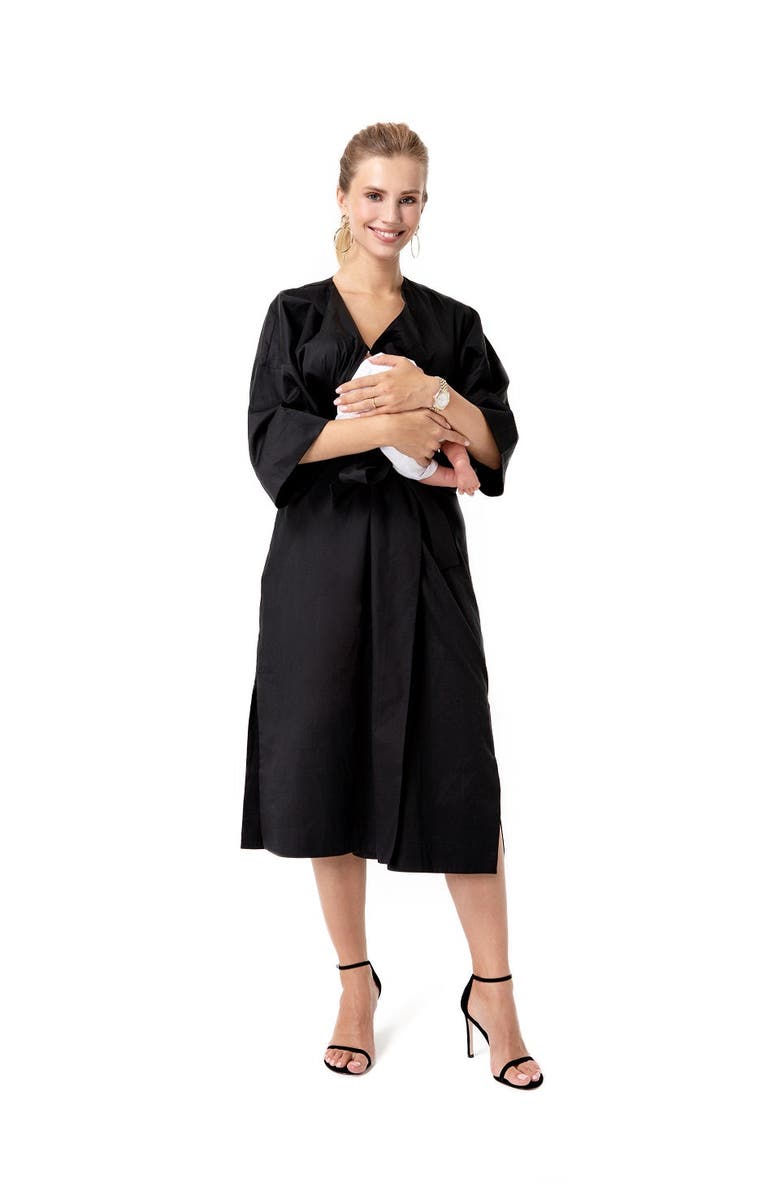 Accouchée Amaterasu Tie Belt Maternity/Nursing Wrap Midi Dress, Alternate, color, Black