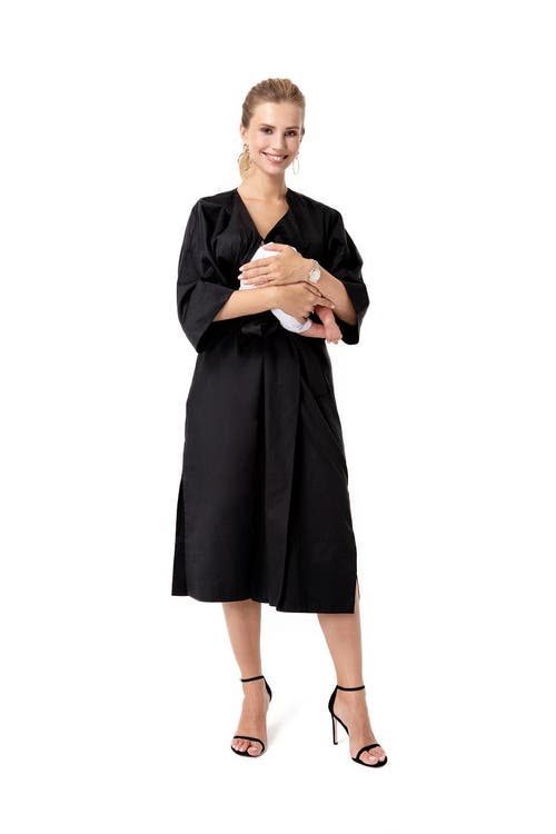 Accouchée Amaterasu Tie Belt Maternity/nursing Wrap Midi Dress In Black