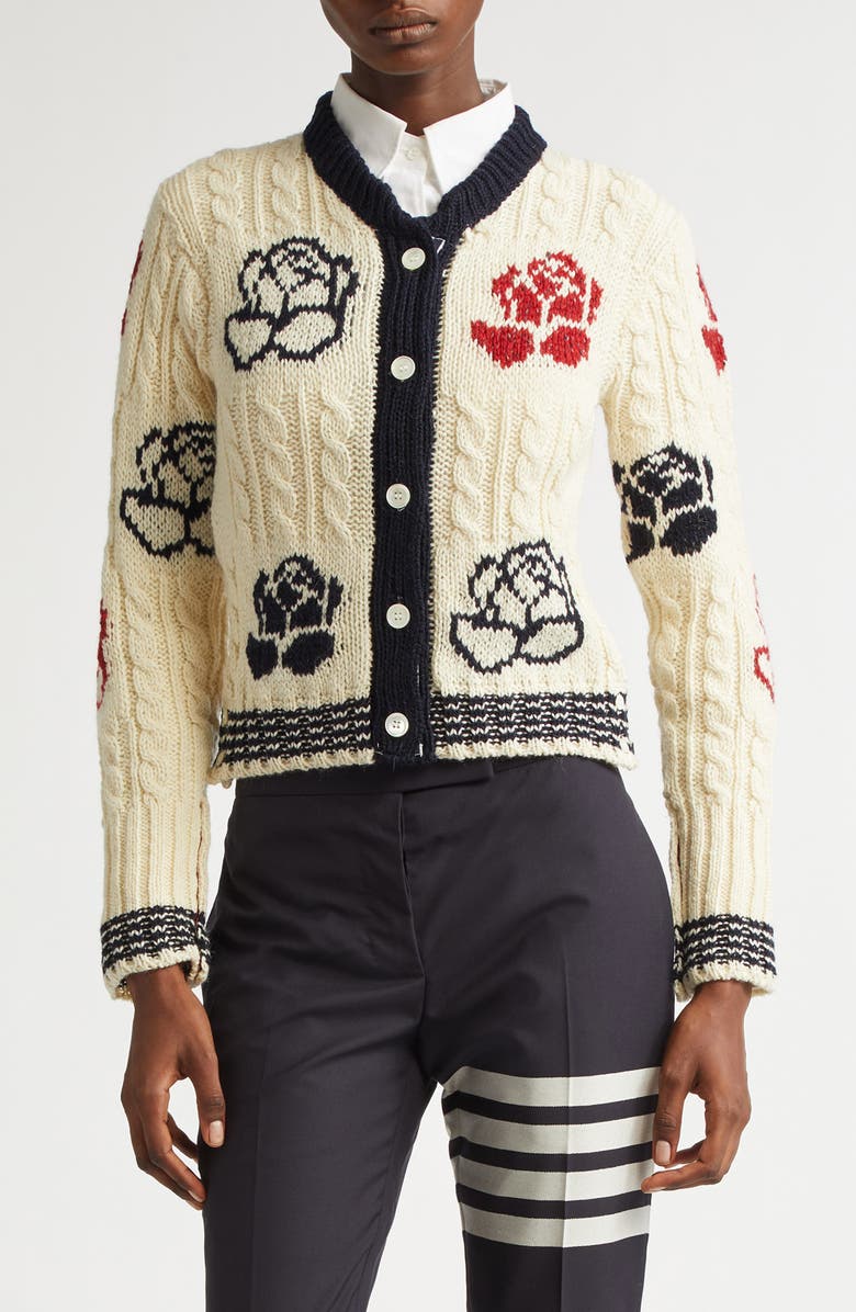 Thom Browne Rose Intarsia Cable Knit Wool & Mohair Cardigan, Main, color,