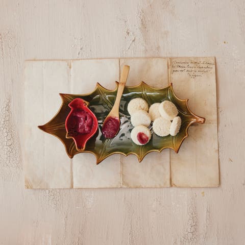 Stoneware Holly Leaf Shaped Plate with Cardinal Shaped Dish and Spoon