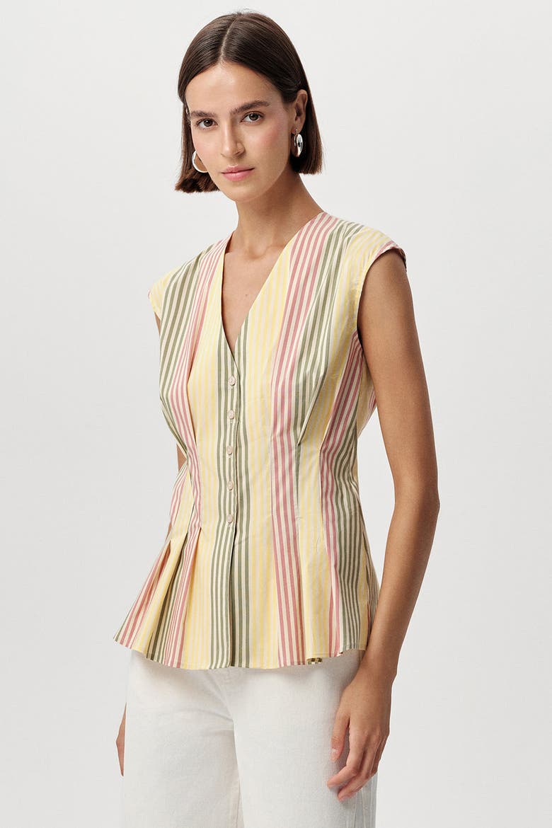 Biana V Neck Sleeveless Pleated Waist Shirt, Alternate, color, Multi Color