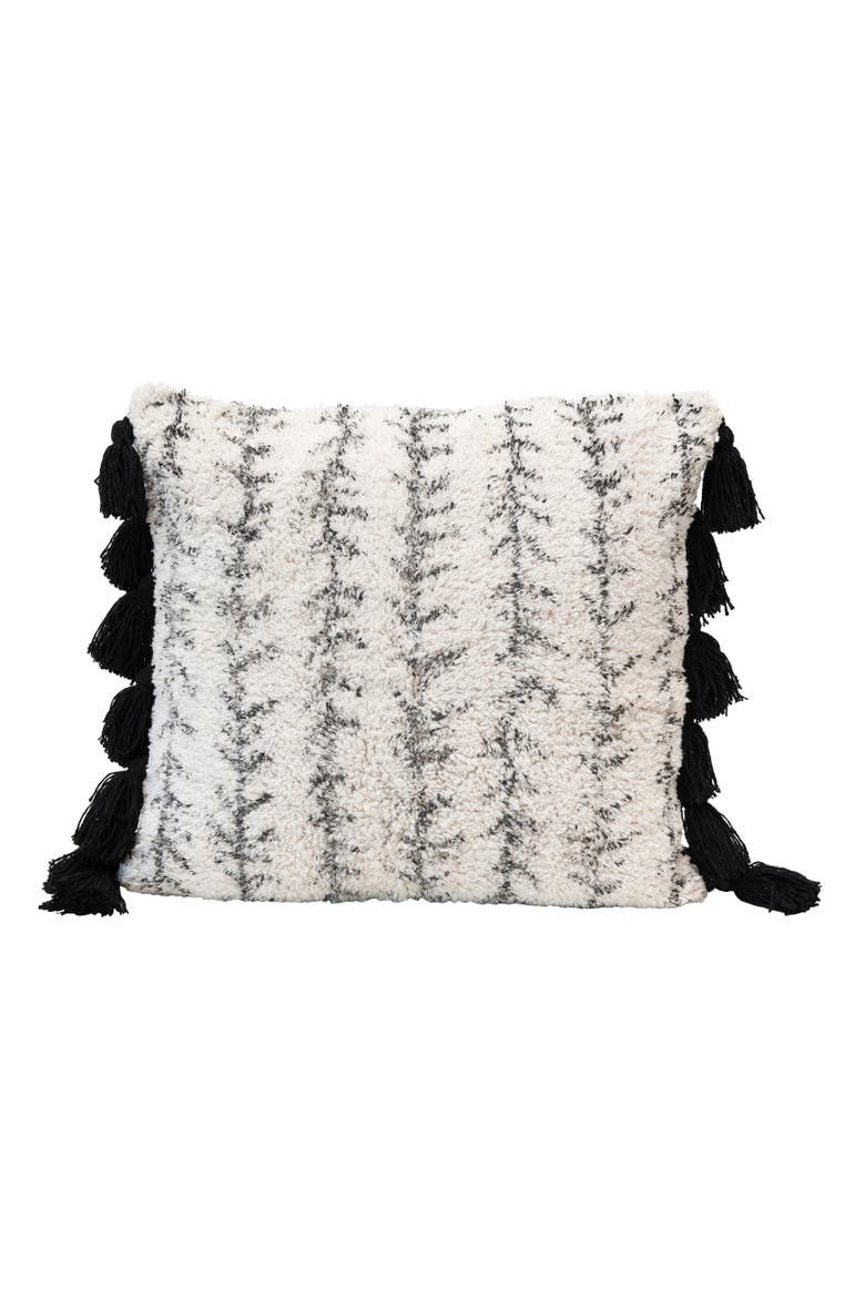 Cotton Printed Tufted Pillow with Tassels, Black and Cream, Main, color, Black