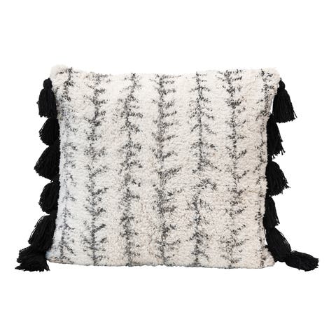 Cotton Printed Tufted Pillow with Tassels, Black and Cream
