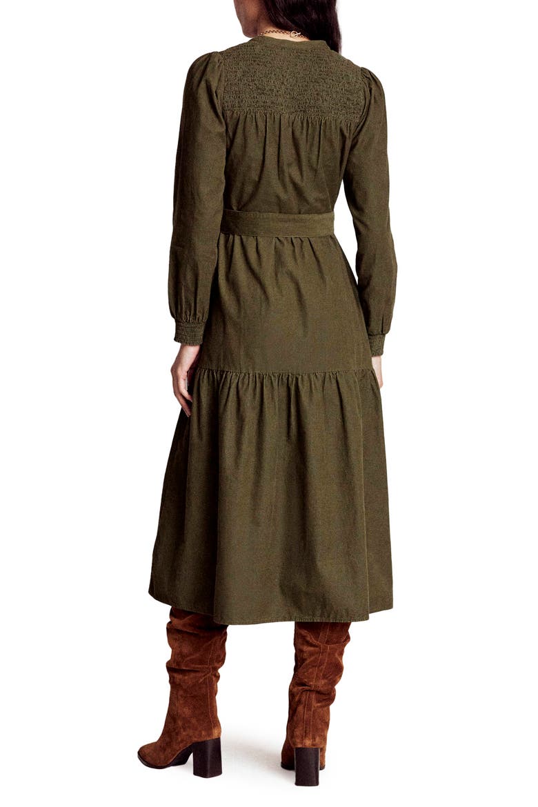 Cecily Belted Long Sleeve Cotton Corduroy Midi Dress, Alternate, color, WOODLAND GREEN