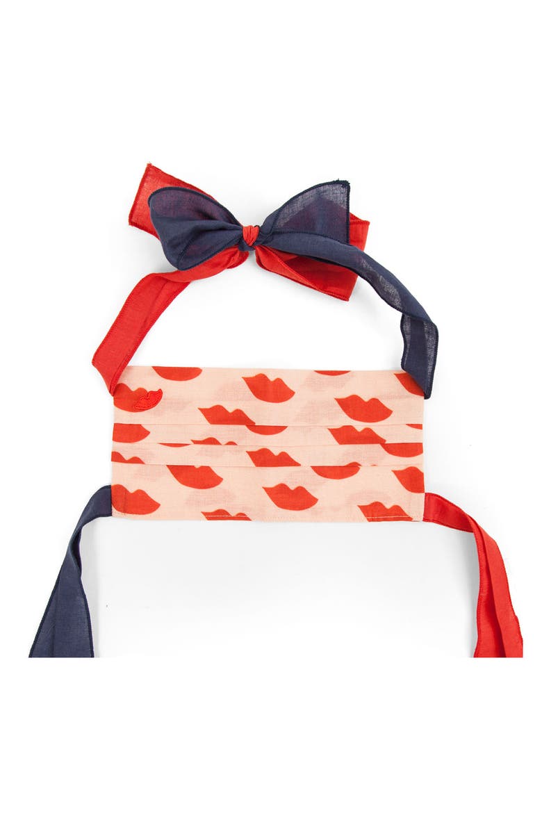 Bowie Adult Print Pleated Tie Strap Cotton Face Mask, Main, color, BLUSH W/ POPPY LIPS