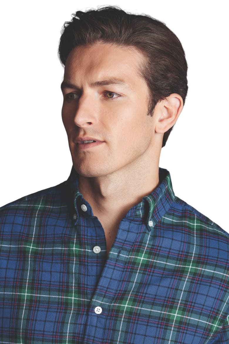 Slim Fit Button-Down Collar Brushed Flannel Check Shirt, Alternate, color, Green