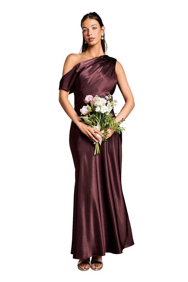 Satin One Shoulder Fishtail Maxi Dress, Main, color, Espresso