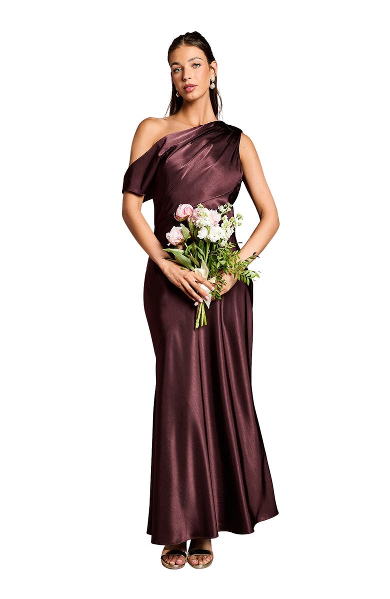 Coast Satin One Shoulder Fishtail Maxi Dress, Main, color, Espresso