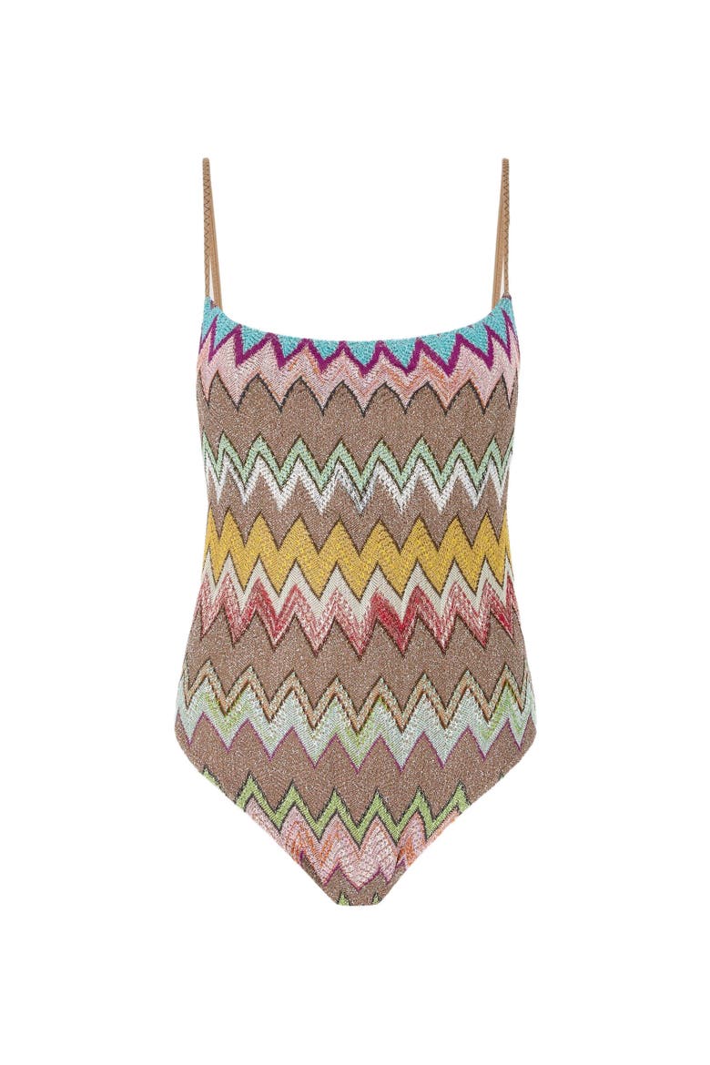 One-piece Swimsuit In Lamé Viscose With Macro Zigzag Pattern, Alternate, color, Black & Multicoloured