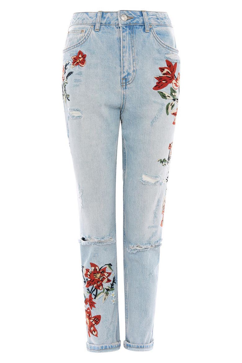 Fire Flower High Rise Ripped Mom Jeans, Alternate, color, LIGHT DENIM MULTI