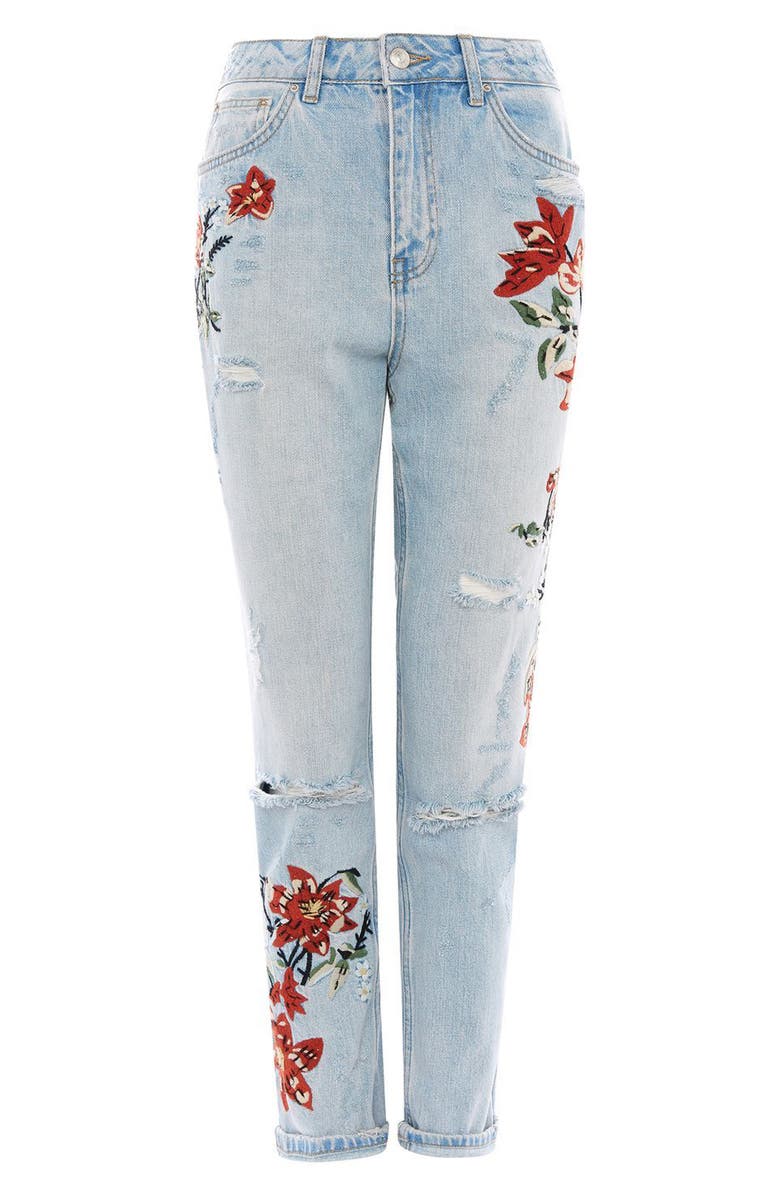 Topshop Fire Flower High Rise Ripped Mom Jeans, Alternate, color, 