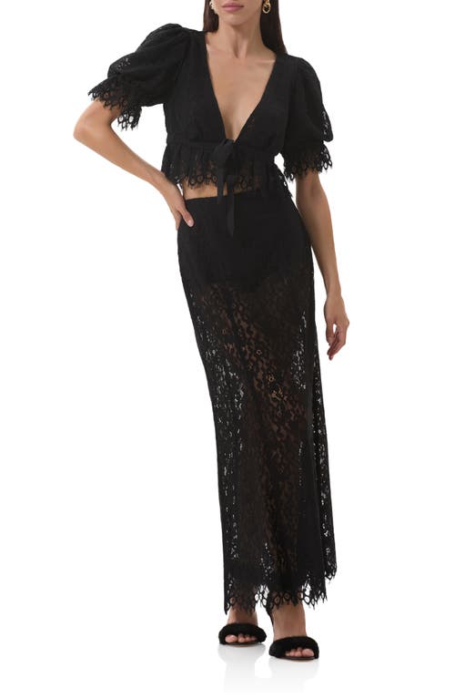 Afrm Wayla Lace Plunge Neck Puff Sleeve Babydoll Top In Black