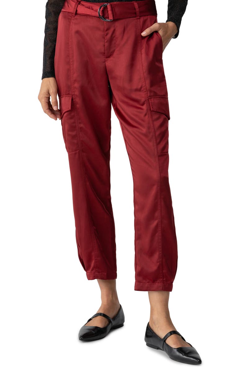 Sanctuary Belted Satin Cargo Pants, Main, color, Garnet