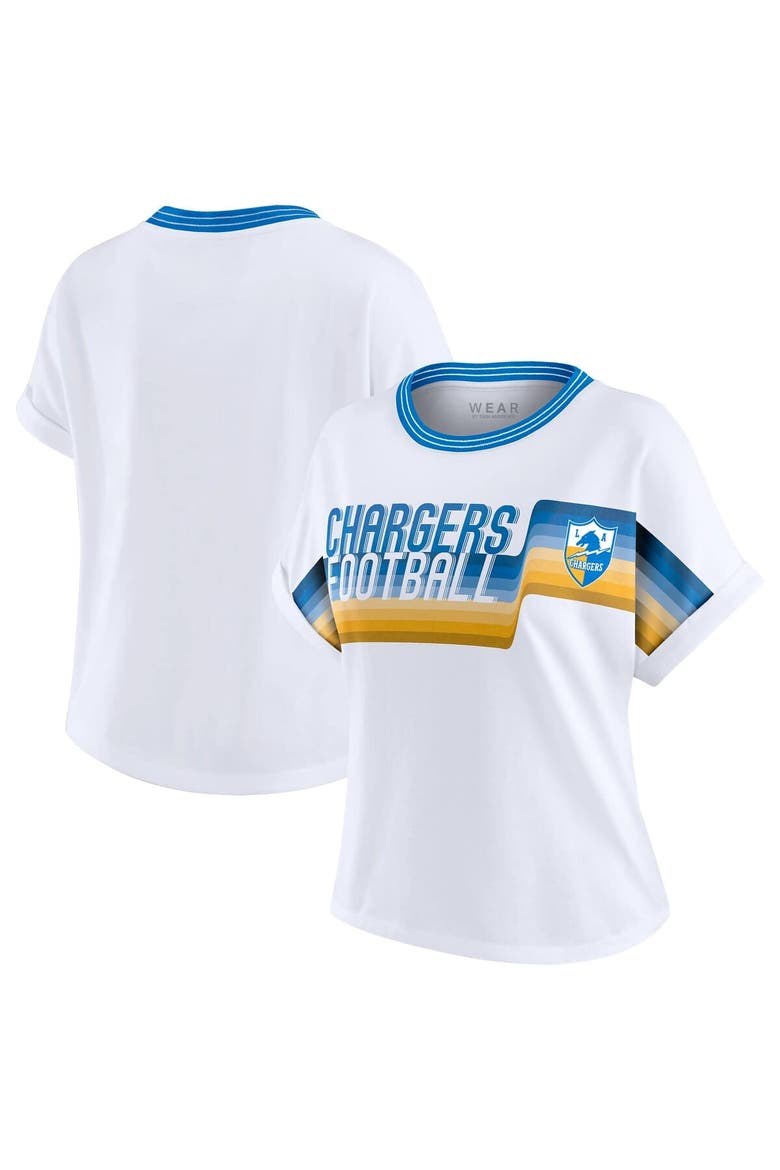Women's WEAR by Erin Andrews White Los Angeles Chargers Cropped Center Stripe Dolman T-Shirt, Main, color, White