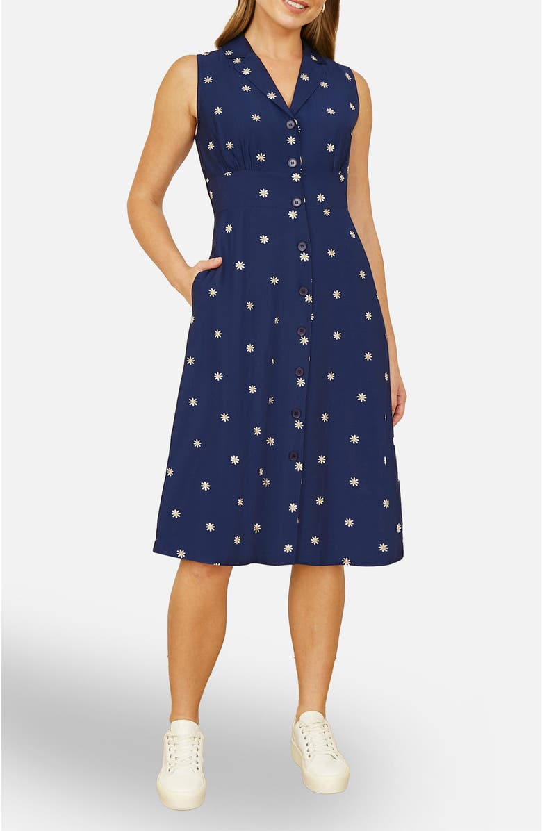Yumi Daisy Print Sleeveless Shirt Dress, Alternate, color, Navy