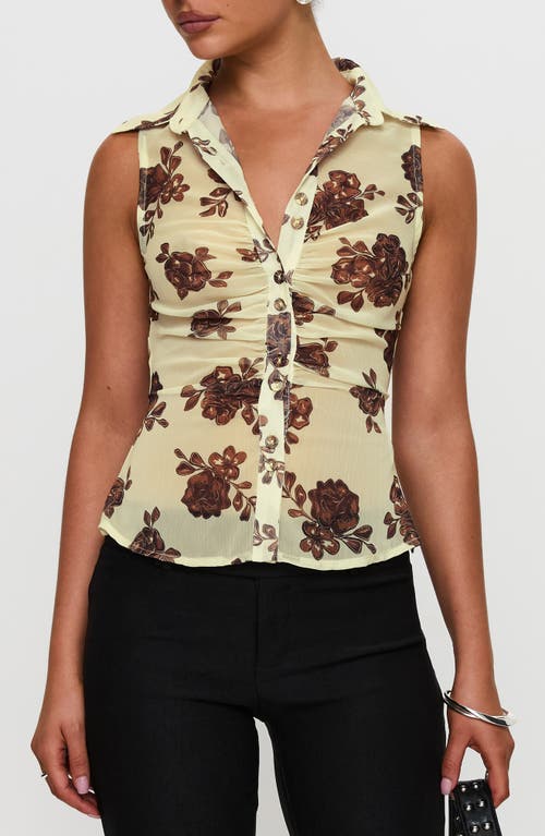Princess Polly Present Tense Ruched Sheer Top in Yellow Floral 