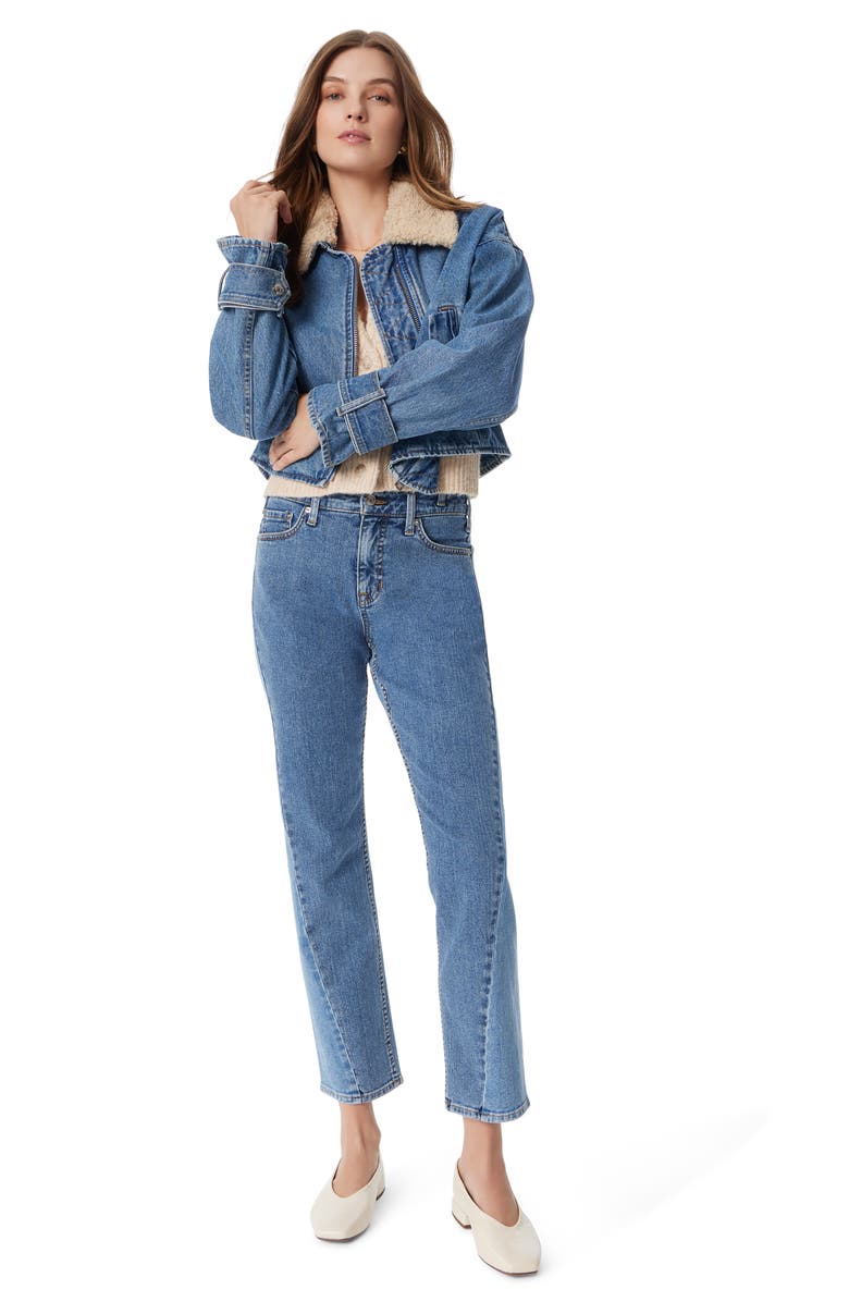 Sam Edelman Mesa High-Pile Fleece Collar Zip-Up Crop Denim Moto Jacket, Alternate, color, 