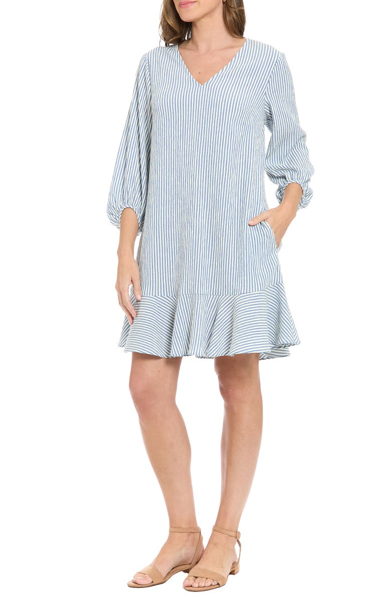 London Times Stripe Puff Sleeve Flounce Hem Shift Dress, Alternate, color, Blue/ Ivory 5
