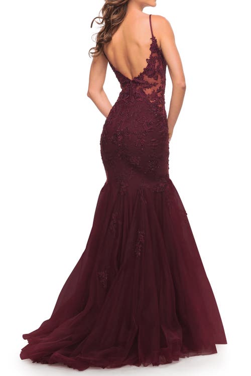 La Femme Tulle And Lace Mermaid Gown In Burgundy