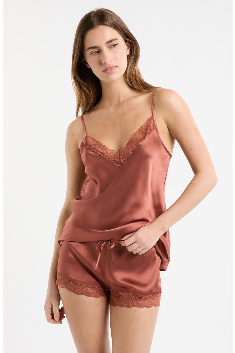 Milky Lace Trim Washable Silk Satin Pajama Shorts, Alternate, color, DUNE