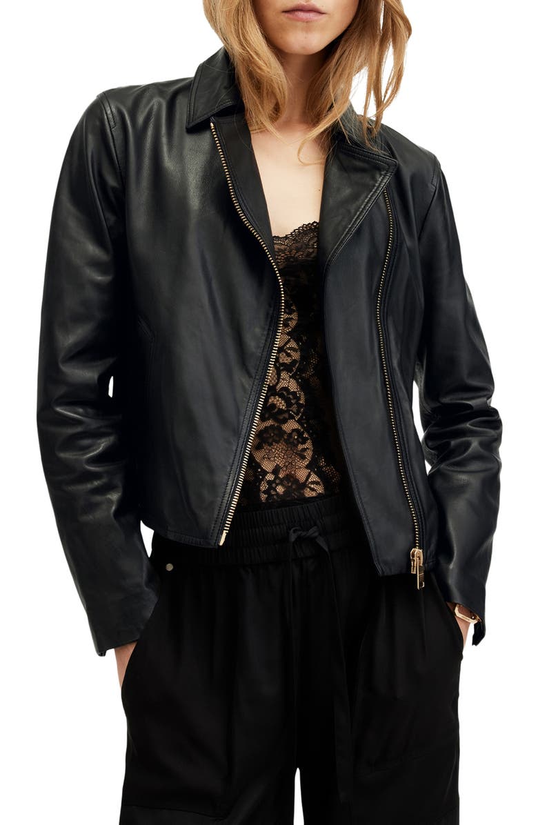 AllSaints Vela Leather Biker Jacket, Main, color, Black/ Gold