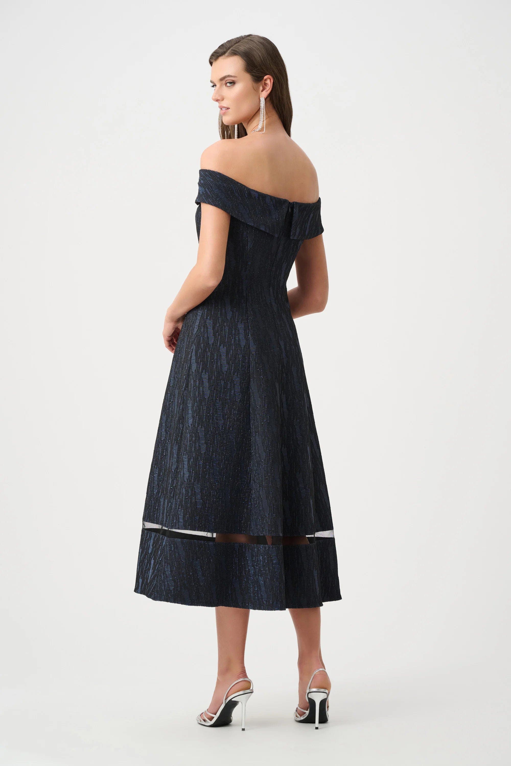 Joseph Ribkoff Foil-Textured Jacquard Off-Shoulder Fit and Flare Dress ...
