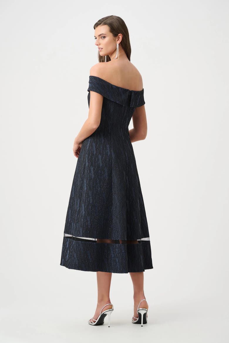 Foil-Textured Jacquard Off-Shoulder Fit and Flare Dress, Alternate, color, Navy