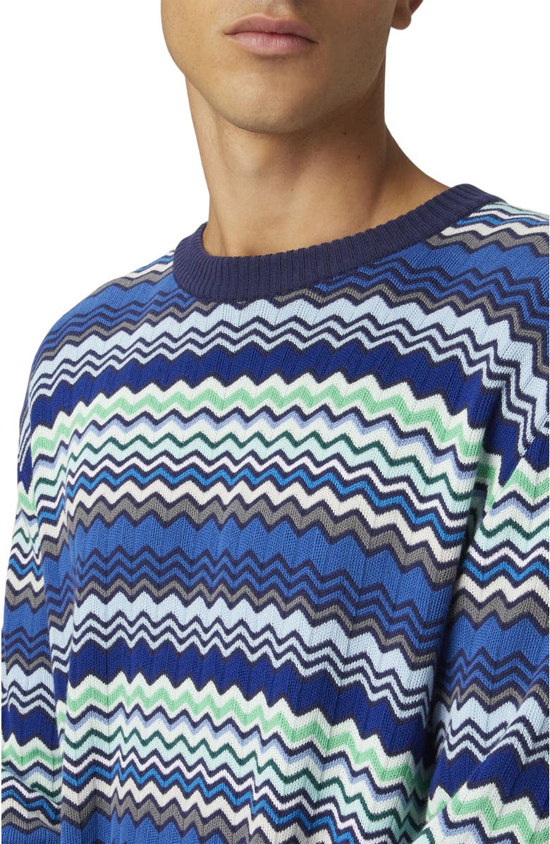Missoni Cotton Crew-neck Pullover With Micro Zigzag And Contrasting Piping, Alternate, color, Blue