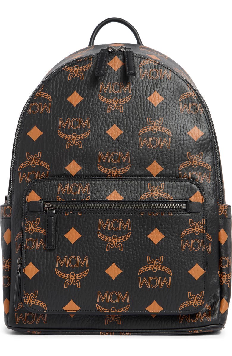 MCM Stark Coated Canvas Monogram Backpack, Main, color, Black