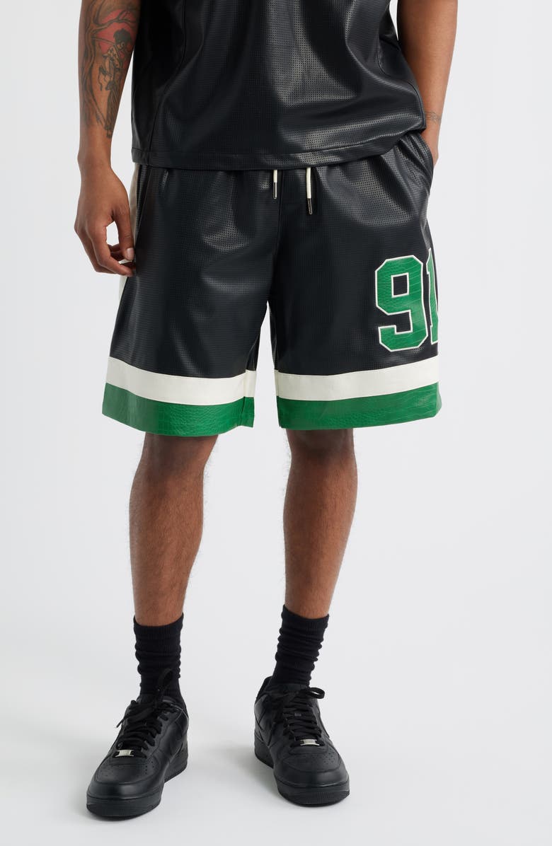 CRIMINAL DAMAGE Stadium Faux Leather Shorts, Main, color, Black/Green/White