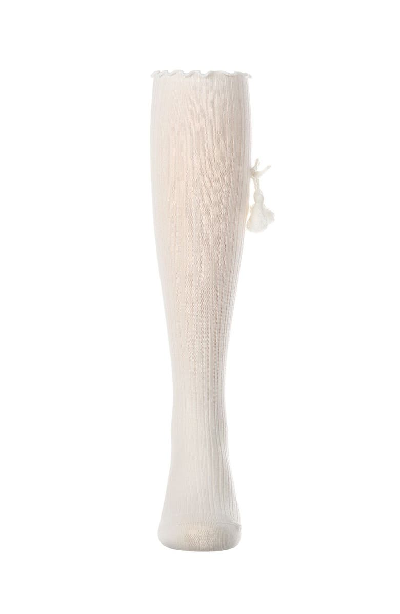 MeMoi Tassle-Bow-Trimmed Lettuce Edge Knee High Sock, Alternate, color, Winter White