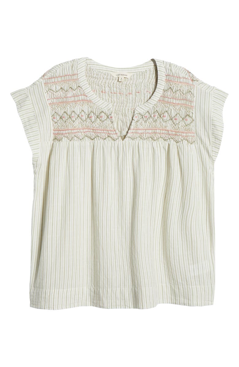 Lucky Brand Stripe Smocked Short Sleeve Cotton Top, Alternate, color, 