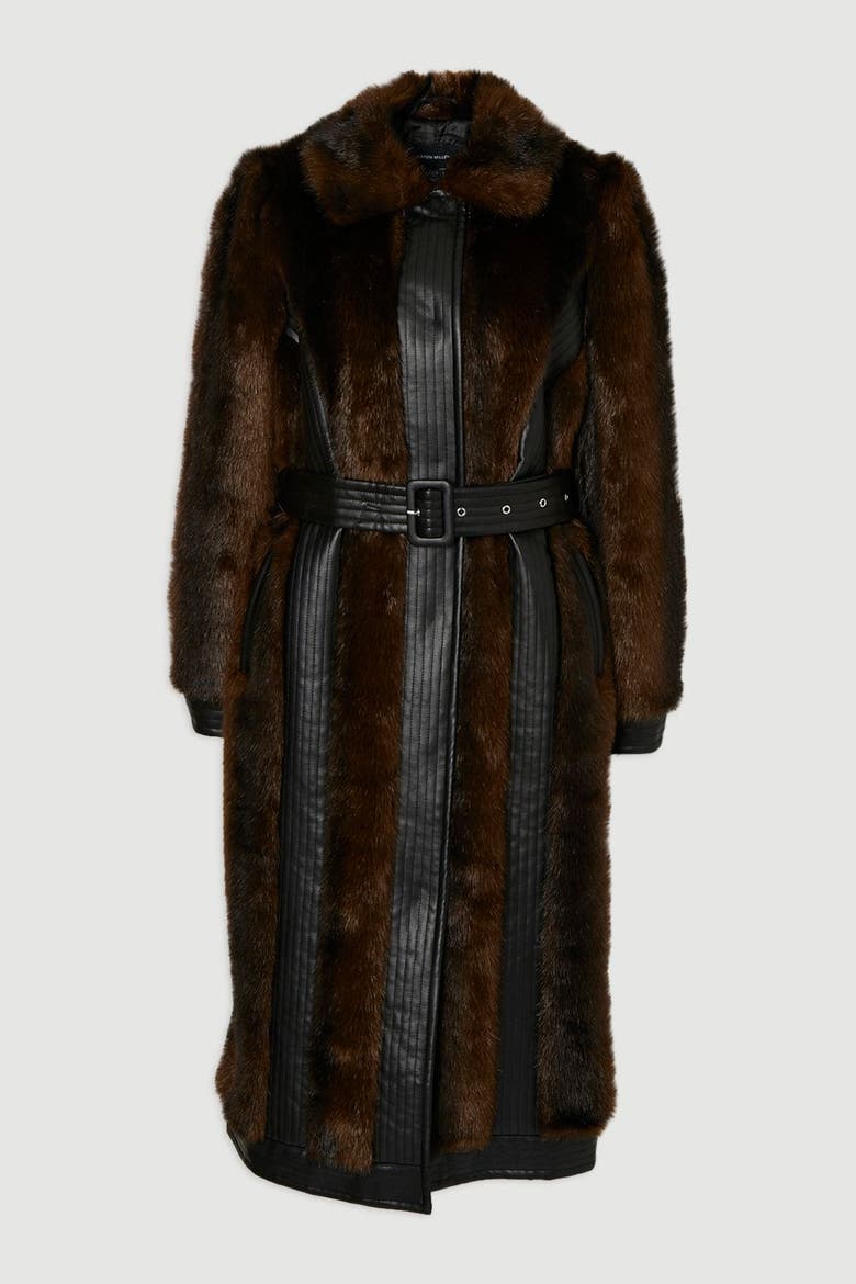 Faux Fur PU Panelled Belted Midi Coat, Alternate, color, Chocolate