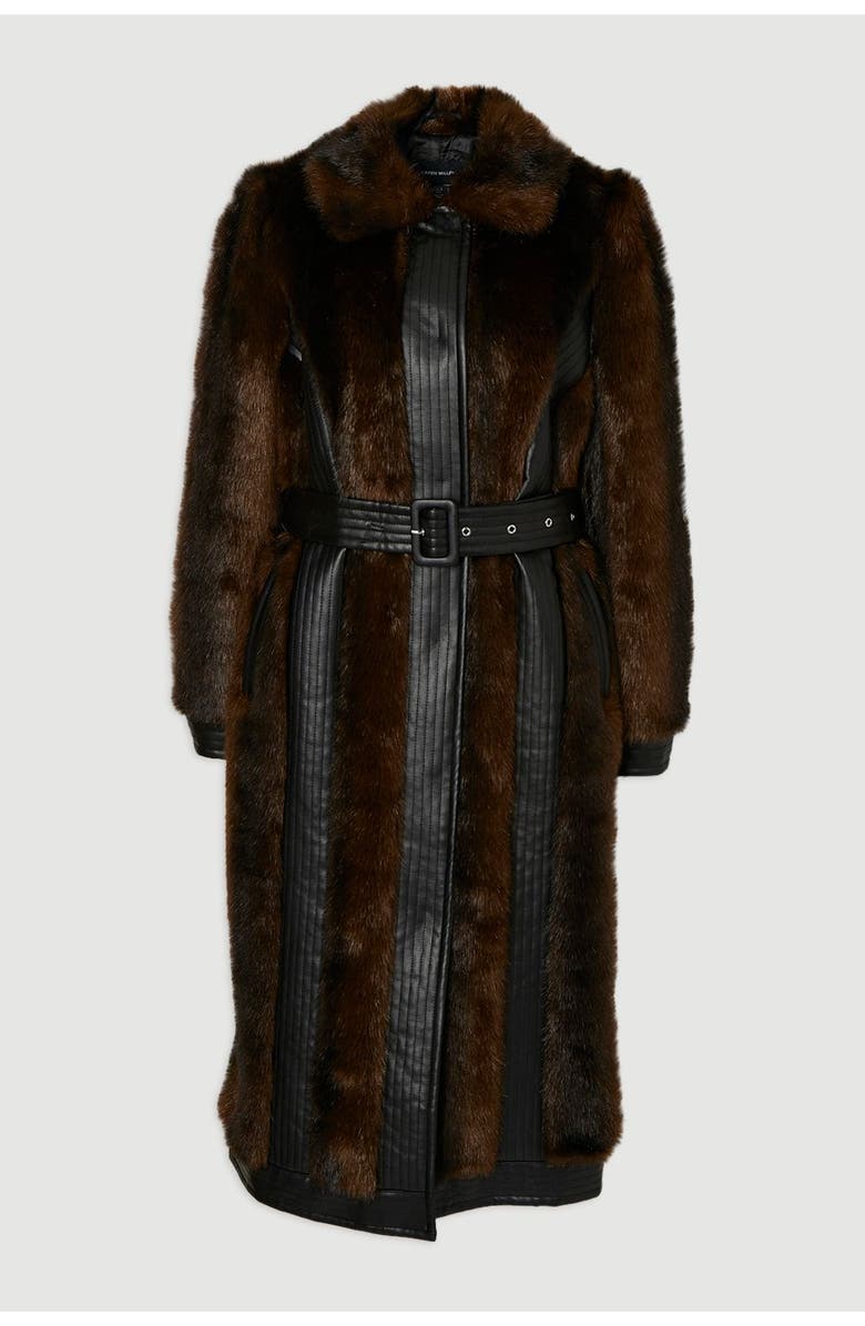 Karen Millen Faux Fur PU Panelled Belted Midi Coat, Alternate, color, Chocolate