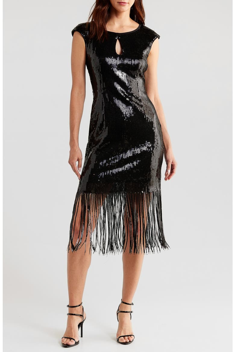 Kyhle Sequin Fringe Hem Cocktail Dress, Main, color, BLACK