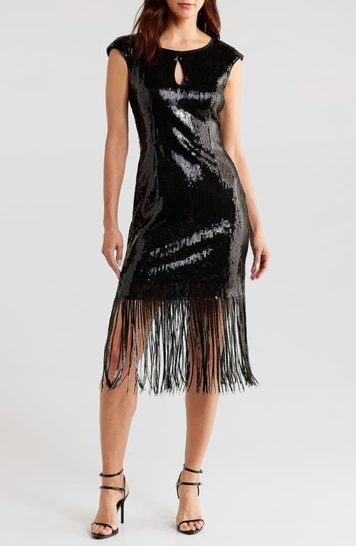 Connected Apparel Kyhle Sequin Fringe Hem Cocktail Dress in Black 