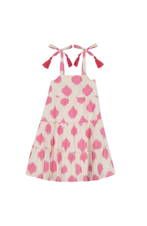 Bella Girl's Shoulder Tie Sundress White Pink Ikat