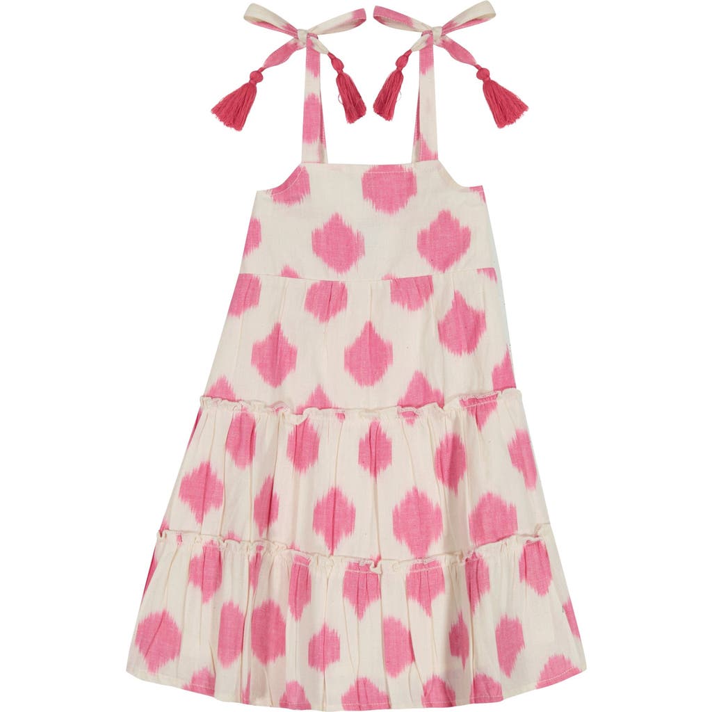 Mer St. Barth Bella Girl's Shoulder Tie Sundress White Pink Ikat In White Pink Ikat
