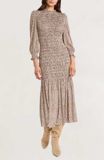 The Good Journey Smocked Long Sleeve Maxi Dress In Multi