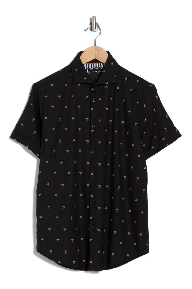 Palm Tree Short Sleeve Button-Up Shirt, Alternate, color, BLACK