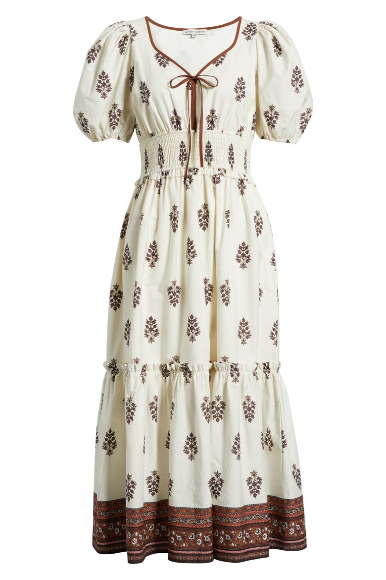Smocked Puff Sleeve Maxi Dress, Alternate, color, CREAM MULTI
