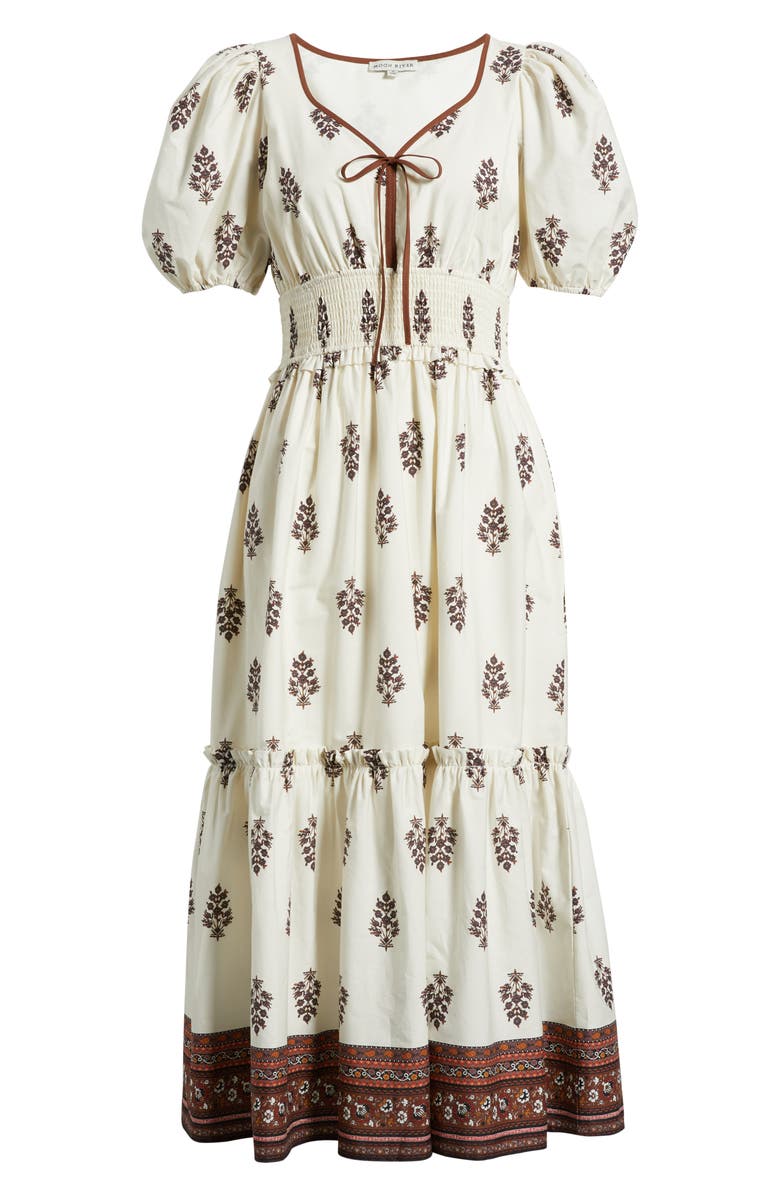 MOON RIVER Smocked Puff Sleeve Maxi Dress, Alternate, color, Cream Multi