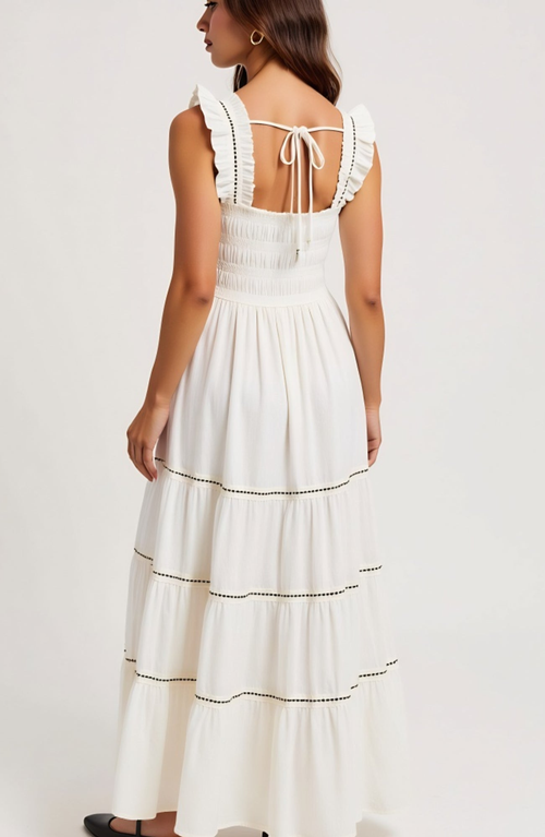 Modenaire Smocked Bodice Tiered Maxi Dress With Ruffle Straps And Trim Details In White